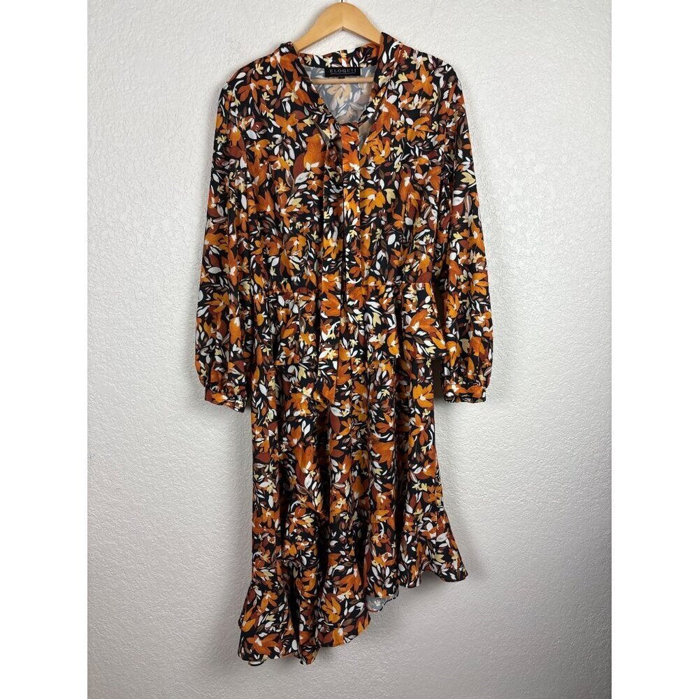 Eloquii Autumn Floral Midi Dress Brown Womens‎ 16 Asymmetrical Fall Ruffle Boho
